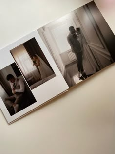 an open photo book with pictures of people in the room and one person taking a picture