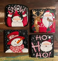 three christmas coasters with santa and snowmen on them, one is painted red