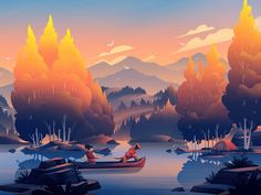 two people in a row boat on a lake surrounded by trees and mountains at sunset