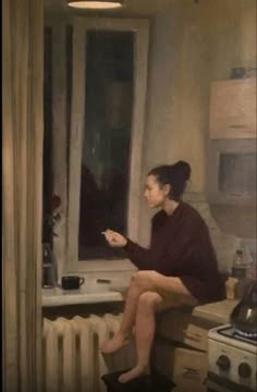 a painting of a woman sitting in a kitchen