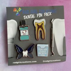 "We know when you lie about flossing everyday. We. Know. This awesome pin pack contains 5 unique Rad Girl Creations pins designed just for you and your awesome specialty! Tooth Fairy Pin - 1.2\" wide - silver nickel Sparkly Clean Mouthwash Pin - 1.25\" tall - silver nickel Tooth Anatomy Pin - 1.3\" tall - silver nickel Scaler Pin - 2.25\" long - 3D molded silver nickel May the Floss Be With You Pin - .75\" tall - silver nickel - white screenprinting Made possible by partnership with RadGirlCreat Cute Dental Hygiene Gifts, Nursing School Graduation Gifts, Tooth Anatomy, Fairy Pin, Medical Pins, Crea Fimo