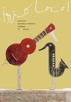 an advertisement for a musical instrument festival with two guitars and a bird on top of it