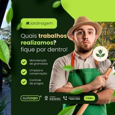 a man with an apron and hat is holding a spatula in front of green leaves