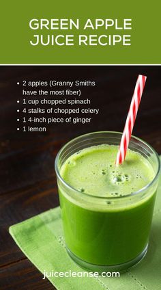 green apple juice recipe in a glass with a red and white striped straw