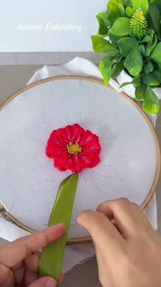 someone is working on an embroidery project with a red flower