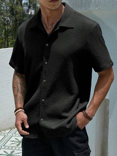 Black Casual Collar Short Sleeve Fabric Plain Shirt Embellished Non-Stretch  Men Clothing Kemeja Lelaki, Shirt Outfit Men, Herren Style, Men Vintage, Outfits Casual, Short Sleeve Button Up, Shirts & Tops, Collar Shirts, Mens Fitness