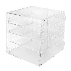 an empty clear plastic drawer with four drawers on the bottom and three shelves below it