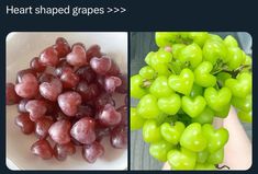 two pictures one with grapes and the other with hearts shaped grapes on it's side