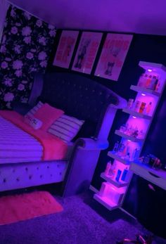 a bed room with a neatly made bed and purple lighting