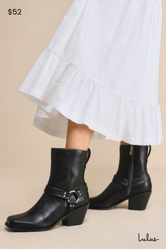 Take edgy cuteness to a sleek new level with the Lulus Sammson Black Mid-Calf Moto Boots! Smooth faux leather shapes these trendy boots with a square toe upper that rises to a 7.25"" mid-calf shaft with an 11"" circumference. Matching studded straps come together at a gunmetal O-ring at the outstep for a moto-inspired design. A pull tab at the heel and a 6.5"" zipper at the instep make for easy, everyday styling! 3" stacked heel. Cushioned insole. Rubber sole has nonskid markings. Man made mater Trendy Wide Calf Boots With Stacked Heel, Fall Moto Boots With Stacked Heel And Medium Width, Edgy Wide Calf Mid-calf Boots For Fall, Chic High Ankle Moto Boots With Reinforced Heel, Chic High Heel Moto Boots Medium Width, Chic Faux Leather Ankle Moto Boots, Trendy Faux Leather Moto Boots With Reinforced Heel, Fall Faux Leather Moto Boots With Reinforced Heel, Medium Width Faux Leather Ankle Moto Boots