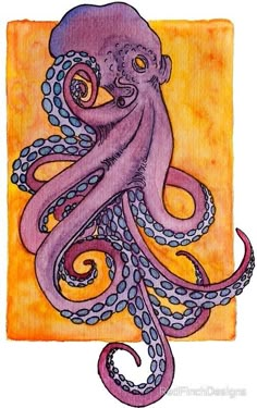 an octopus is painted on a piece of paper with watercolor and ink, it looks like