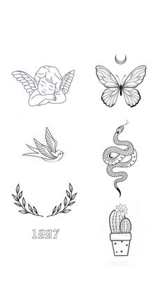 four different types of tattoos are shown in this drawing technique, including one with a snake and