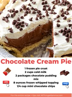 a chocolate cream pie is cut into pieces and served on a platter with the words, chocolate cream pie