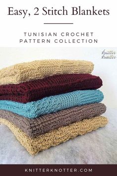 four knitted blankets stacked on top of each other with the text easy, 2 stitch blankets