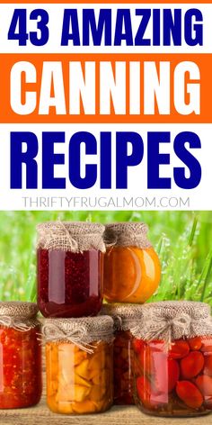 four jars filled with different types of canned food and the words, 43 amazing canning recipes