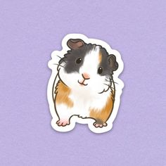 a brown and white hamster sticker sitting on top of a purple surface next to a wall