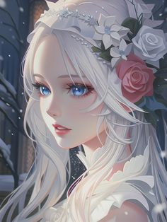 a woman with long white hair and blue eyes wearing a flowered headpiece in the snow