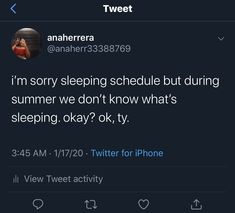 the tweet on twitter has been altered to say i'm sorry sleeping schedule but during this summer we don't know what's sleeping, okay