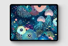 an abstract painting with blue and pink colors on a black background, depicting sea life