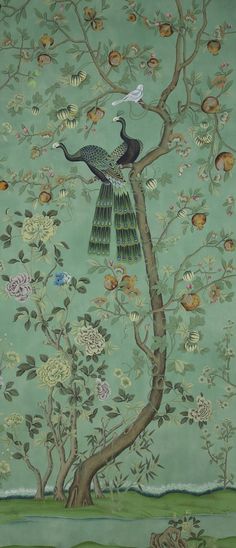 the peacocks are perched on the tree branches in this wallpapered mural, which is part of an exhibit at the museum