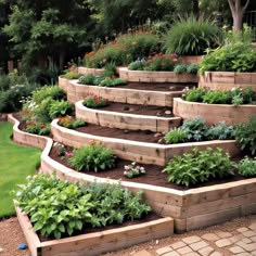 an outdoor garden area with raised wooden steps