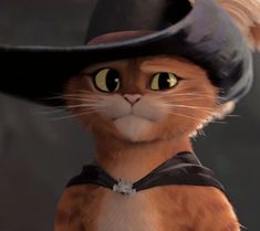 a cat wearing a black hat and vest with big yellow eyes is standing in front of a dark background