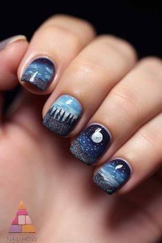 Capture the serenity of the night sky with this moon and stars nail art. The design showcases a peaceful lakeside view with a glowing moon and shimmering stars. Perfect for moon nails design enthusiasts. Visit nailhow.com for more inspiration. Glowing Moon, Lakeside View