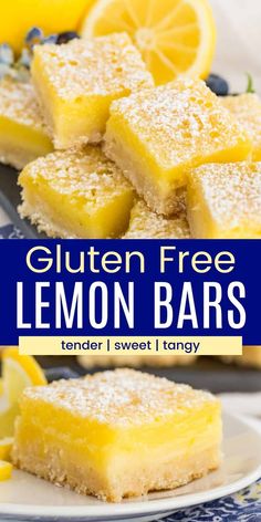 gluten free lemon bars on a white plate with blueberries and lemons