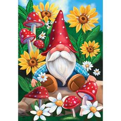 a painting of a gnome with flowers and mushrooms