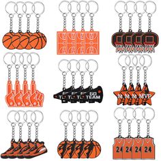 an assortment of basketball themed key chains