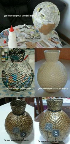 several pictures of different vases made out of newspaper and other items on a table