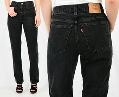 "These high rise denim Levi's are available in a black wash with a tapered leg. Button/zipper fly closure. Wash will vary some as each pair is pre-owned vintage Sized by us in accordance with modern day size charts. Available in 00-22 in regular, short, or long inseams. Style Name: Levi's style number will vary as you may receive a 550, 951, 521, 512, etc. Mid-weight cotton denim Closure: button/zipper fly Leg Opening: tapered/slim IF YOUR NATURAL WAIST MEASURES...THEN ORDER A SIZE... 24\"-24.5\ Mid-rise Black Jeans With Button Zip Fly, Black Mid-rise Jeans With Button Zip Fly, Black High Rise Jeans With Button Zip Fly, Vintage Black High Rise Jeans, Vintage Black Jeans For Spring, Vintage Black Jeans With Belt Loops, Zara Photography, High Waist Black Jeans, Black Levi Jeans