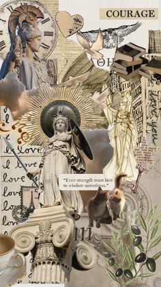 the collage is made up of many different images and words, including an angel statue