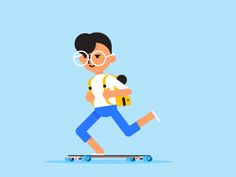 a man with glasses riding a skateboard on a blue background and carrying a backpack