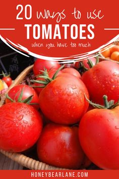 tomatoes in a basket with the words 20 ways to use tomatoes when you have too much