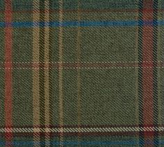 a green plaid fabric with red and blue stripes