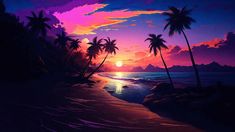 a painting of palm trees on the beach at sunset