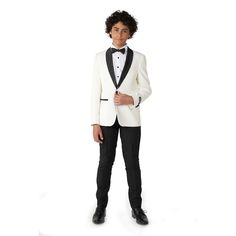 Boys 10-16 OppoSuits 2-Piece Tuxedo Suit & Bow Tie Set Black And White Two Piece, White Tuxedo Jacket, Bow Tie Pants, Bow Tie Suit, Shoes Guide, Boys Tuxedo, White Tuxedo, Tuxedo Pants