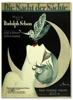 an old poster with a woman's face and a butterfly on her head in front of the moon