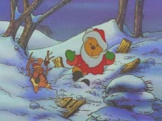 a cartoon character dressed as santa claus in the snow with other characters behind him,