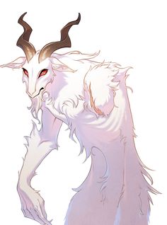 a white goat with horns and long hair