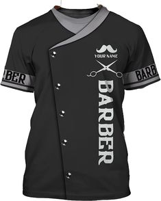 a black baseball jersey with the name barber on it and scissors in front of it