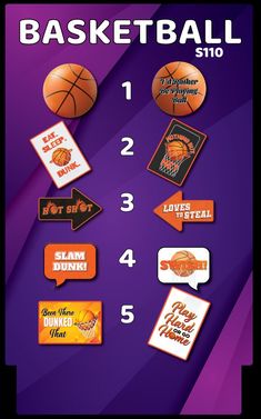 the basketball info sheet is displayed on a purple and orange background with different sports related items