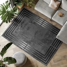 a living room area with couches, rugs and potted plants on the floor