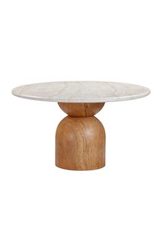 an oval marble table with wooden base on a white background for use as a centerpiece