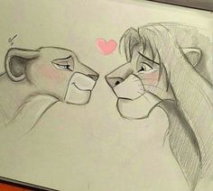 a drawing of two lions facing each other with a heart on their forehead and the words i love you written above them