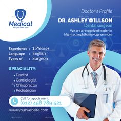 a medical flyer with a doctor holding a clipboard in front of him and smiling at the camera