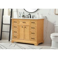 a bathroom vanity with two sinks and a mirror