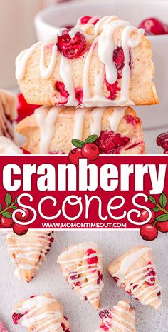 cranberry scones with white icing and cherries on top are shown