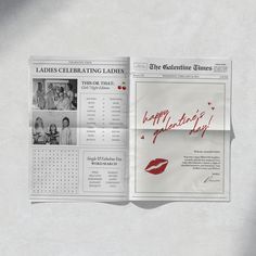 an open magazine with red lipstick on the pages and calendars for ladies celebrating ladies